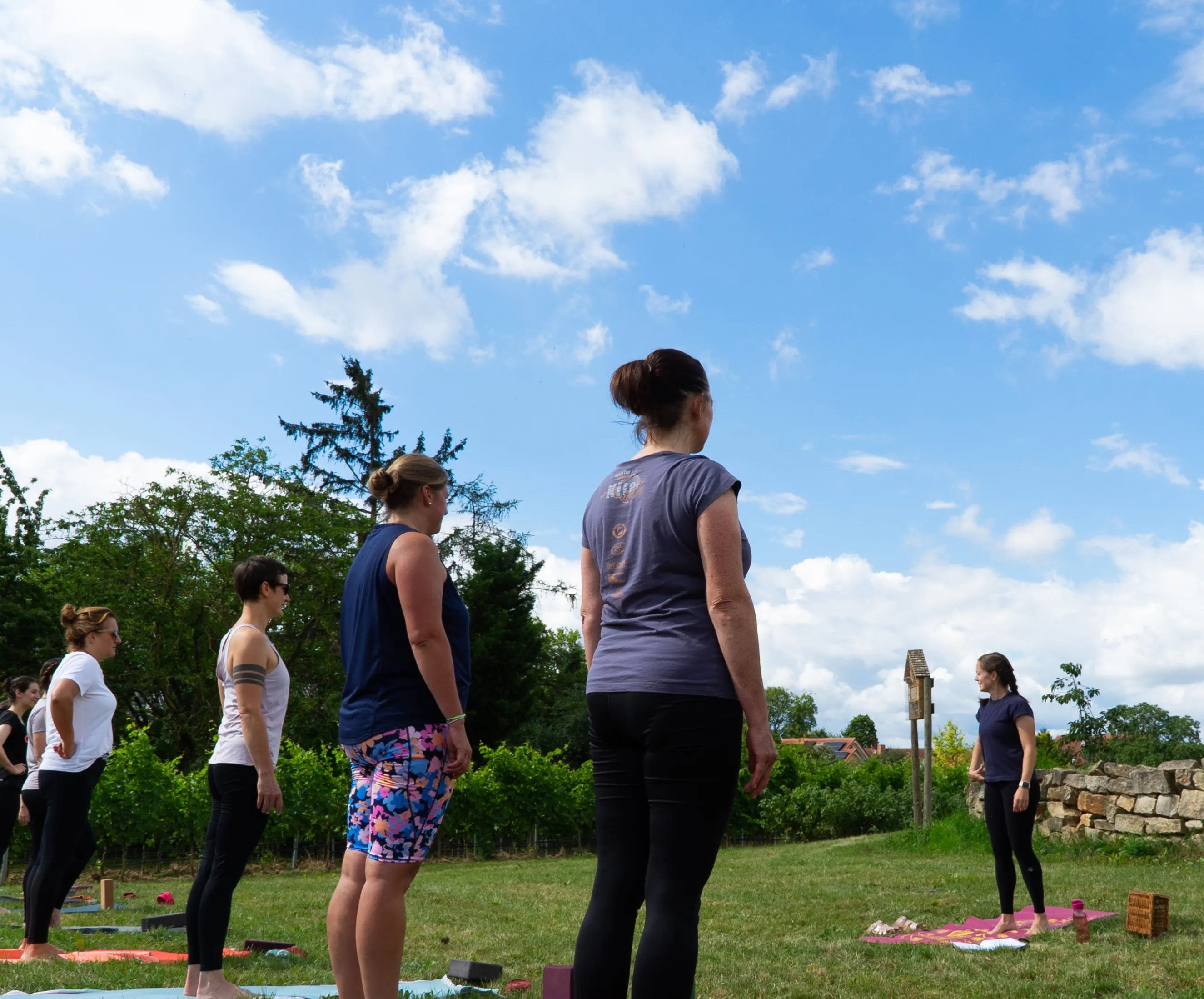 Power Yoga Gruppe steht beim Kurs im Weingut in Worms-Pfeddersheim